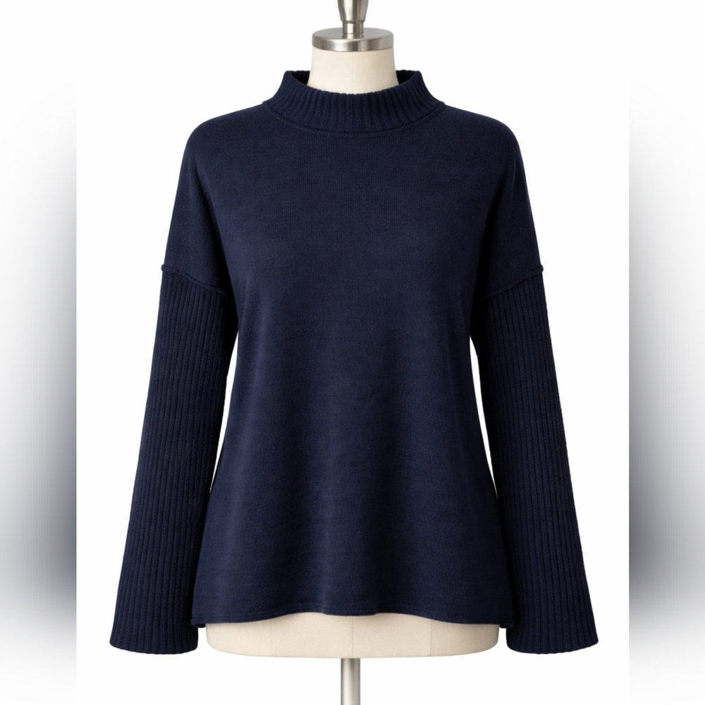 Amadi Anthropologie Navy Mock Neck Sweater Ribbed Sleeves‎ Made in USA
